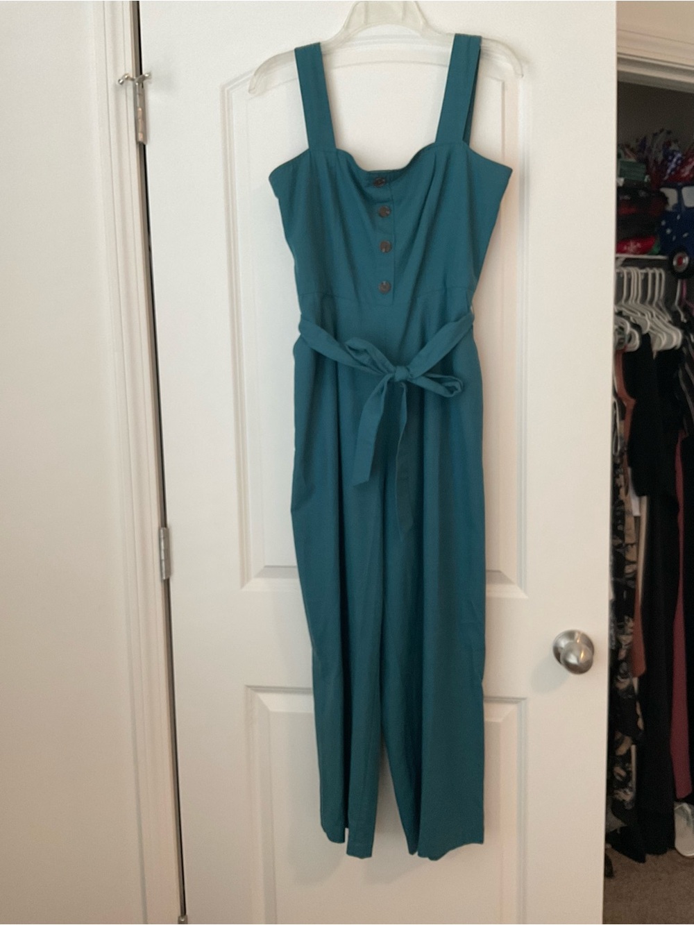 Ann Taylor Factory Teal Button-Front Jumpsuit with Self Tie